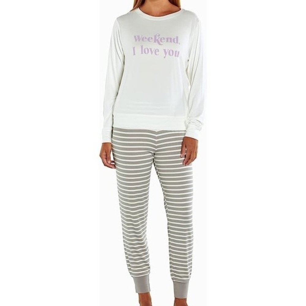 Wildfox 2 PC Weekend I Love You Pajamas Top & Joggers White & Gray Size Large